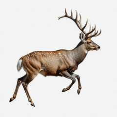 Fototapeta premium Majestic Deer in Mid-Air: A stately deer leaps gracefully, showcasing its magnificent antlers and spotted coat against a clean background, embodying strength, freedom, and natural beauty.