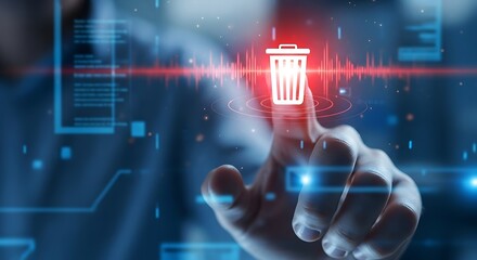 Hand Touching Virtual Delete Icon for Data Deletion

