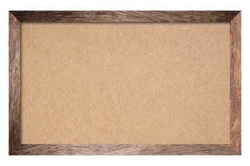 Brown cork board, note pinboard with unpainted natural wooden frame isolated on white background