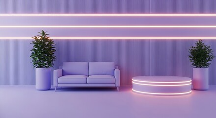 Modern lilac interior design with sofa plants and neon lighting