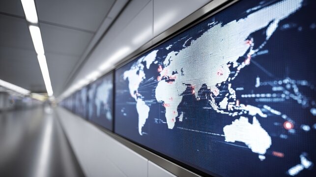 Digital World Map Display in a Modern Subway Station Showcasing Global Connectivity and Transit Information