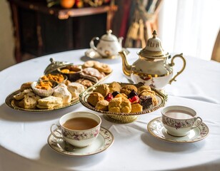 Elegant tea party spread on a white tablecloth