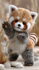 Obraz premium Adorable red panda plush toy stands on hind legs, playfully holding paws up in a lush, sunny environment surrounded by nature