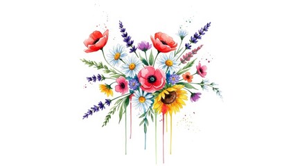 Vibrant Watercolor Wildflower Bouquet - A beautiful watercolor painting of a vibrant wildflower bouquet featuring poppies, daisies, sunflowers, and lavender, with colorful paint drips below