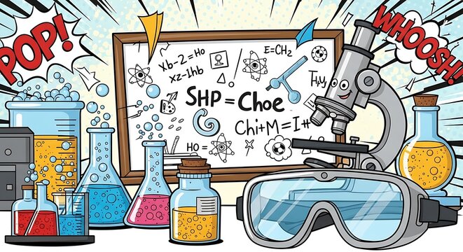 A cartoon illustration of a science lab with beakers, a microscope, and a whiteboard full of equations
