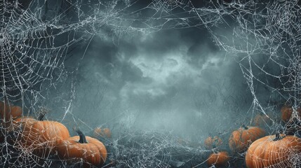 A dark landscape displays a collection of pumpkins surrounded by intricate spider webs. The misty atmosphere adds to the spooky Halloween theme, creating an eerie vibe.