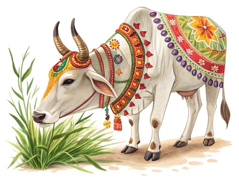 Decorated zebu bull eating grass isolated on white background