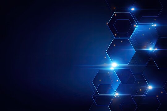 Abstract dark blue background with glowing hexagon grid