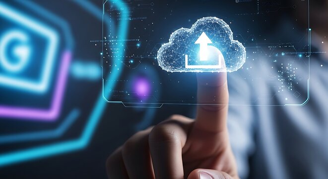 Finger Touching Virtual Cloud Computing and uploading button.

