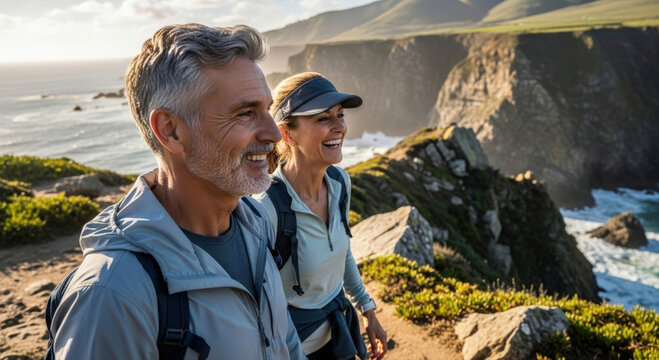 A smiling couple hikes together on a scenic cliffside, enjoying the ocean view
