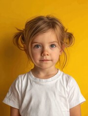 Fototapeta premium studio portrait of a toddler girl in a plain white t shirt against a vibrant yellow background