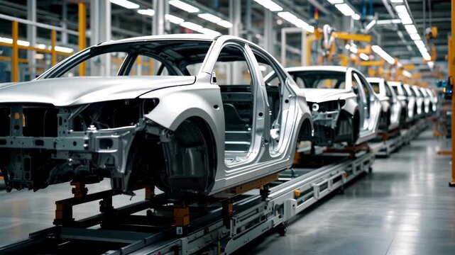 Automated car factory assembly line with unfinished silver vehicle bodies moving on a modern conveyor belt