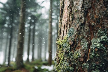 Obraz premium Close-up of a tree trunk, covered in moss and lichen, in a misty forest, with snow falling