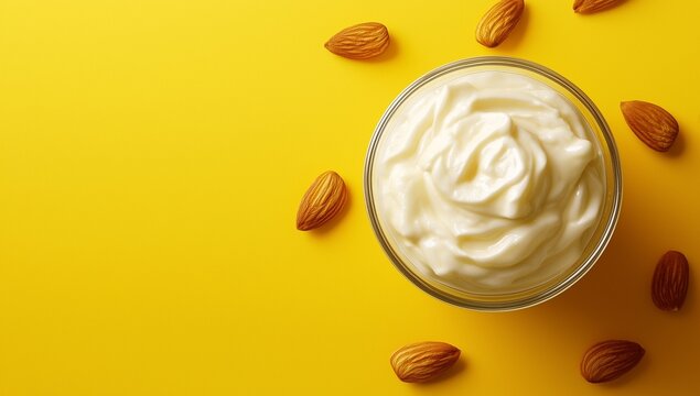 A bowl of thick yogurt surrounded by fresh almonds on a vibrant yellow surface - Powered by Adobe