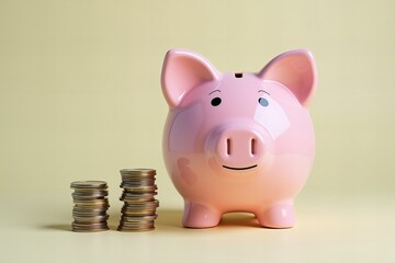 Pink Piggy Bank Beside Increasing Coin Piles