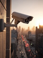 surveillance camera mounted on a building exterior capturing urban activity during golden hour