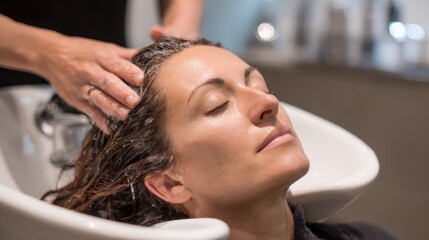 Customer relaxes in a salon while receiving a hair wash and scalp massage. The stylist gently applies shampoo, creating a calming atmosphere for pampering