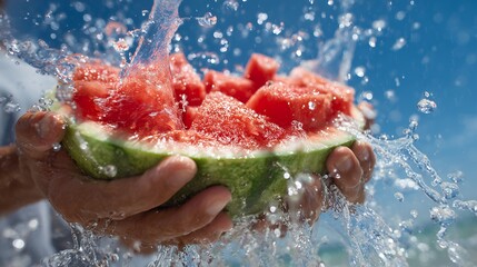 Person holding a juicy watermelon with a refreshing water splash.