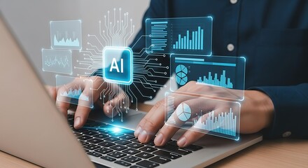 Person using laptop with artificial intelligence and data analysis visuals