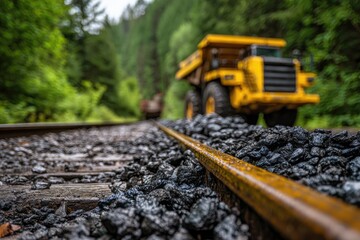 Close-up of railway tracks with ballast and a yellow dump truck in the background