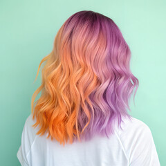 Obraz premium woman with long hair, Split Dyed Wavy Hair Orange Purple