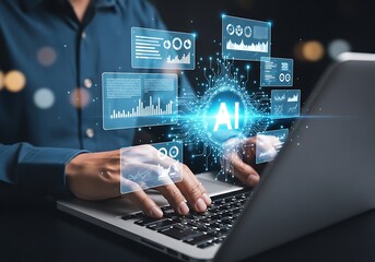 Person working on laptop with artificial intelligence ai data processing