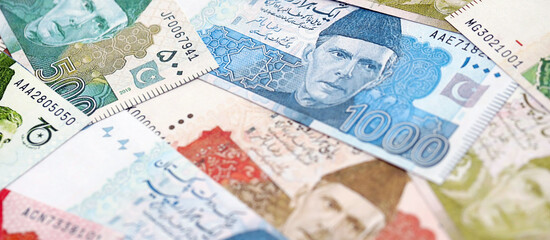 Pakistan rupees banknotes. The current Pakistan money bills lies on table in big amount