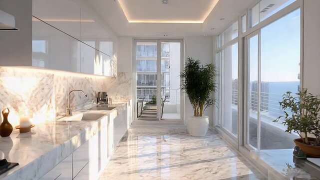 Elegant kitchen space with marble accents and open windows for a bright and airy atmosphere