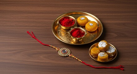 Traditional festive items including sweets, kumkum, and a decorative bracelet on a wooden surface.