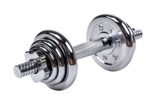 Weightlifting action with dumbbell in home gym fitness environment perspective isolated on transparent background, png
