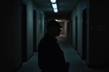 Nighttime Security Guard Patrolling Building Alley