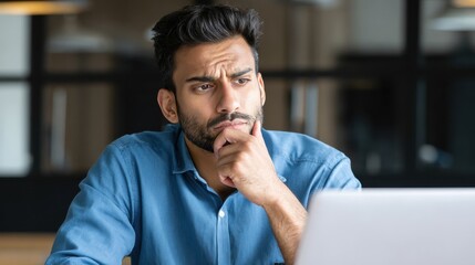 thoughtful concentrated indian business man entrepreneur investor manager using computer watching webinar working in office analyzing online data market thinking doing web research looking at laptop 