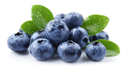 Fototapeta premium Fresh blueberries sit beautifully on a clean surface, glistening with water droplets. Green leaves accompany the berries, emphasizing their freshness and juiciness.