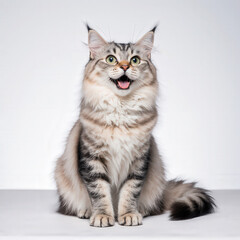 Happy Maine Coon Cat: A stunning Maine Coon cat sits alert, with a gentle open mouth, the playful energy shines through the feline's expression. Its full fur a testament to its perfect health