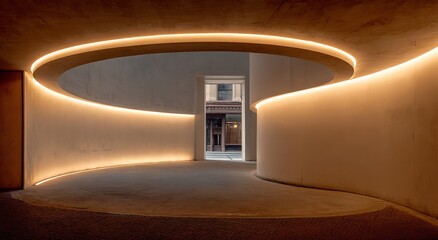 Obraz premium Curved Architectural Tunnel Interior with LED Strip Lighting and Symmetrical Composition Leading to Adjacent Building Entrance