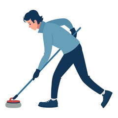 Man playing curling on ice while sliding a stone towards target  