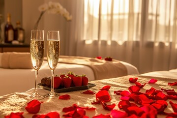 Romantic luxury spa retreat ambiance featuring sparkling champagne flutes with fresh strawberries and rose petals for indulgent anniversary celebration getaway