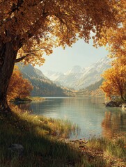 Obraz premium autumn landscape with lake and trees generated ai