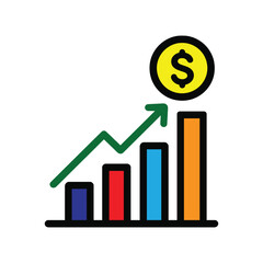 Financial growth icon. Bar chart with rising arrow and dollar coin for business profit, investment, and economic success.
