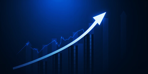 Abstract blue background with an upward trending arrow and graph showing growth concept