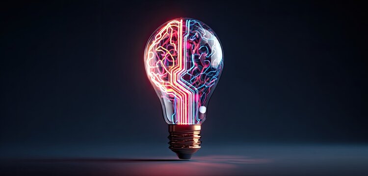 A glowing lightbulb shaped like a brain, with vibrant neon lines representing neural pathways