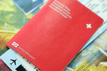 Swiss franc banknotes and passport with tickets. The current francs money bills and biometrical pass
