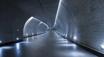 Curved Architectural Tunnel Interior with LED Strip Lighting and Symmetrical Composition Leading to Adjacent Building Entrance