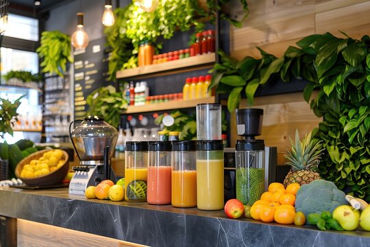 Vibrant and fresh juice bar counter displaying healthy organic smoothies and natural fruits in modern cafe setting perfect for wellness and refreshing drinks