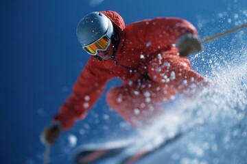 Extreme skier launching off a ramp with snow spraying, adrenaline and daring. Action sports, excitement. Dynamic, thrilling.