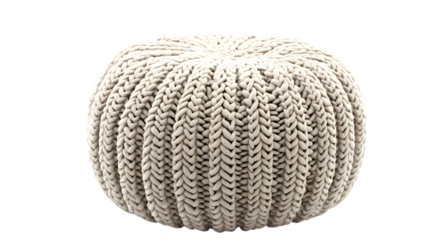 Comfortable knit pouf offers stylish seating for modern living rooms and cozy reading nooks at home isolated on white background 