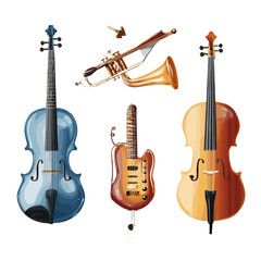 A collection of various musical instruments set against an isolated backdrop.