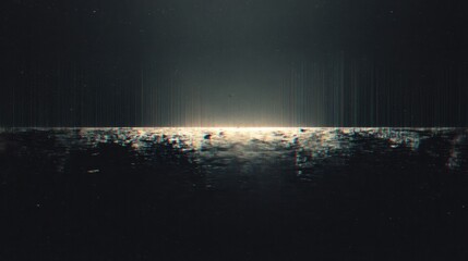 A digital glitch art piece, featuring a horizontal band of textured, light gray, distressed elements, against a dark background. A subtle, glowing, light area appears within the band