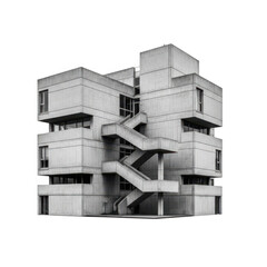 Brutalist architecture building with external staircase isolated on transparent background