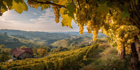 Panoramic Vineyard Landscape with Ripe White Grapes in Autumn Harvest Season